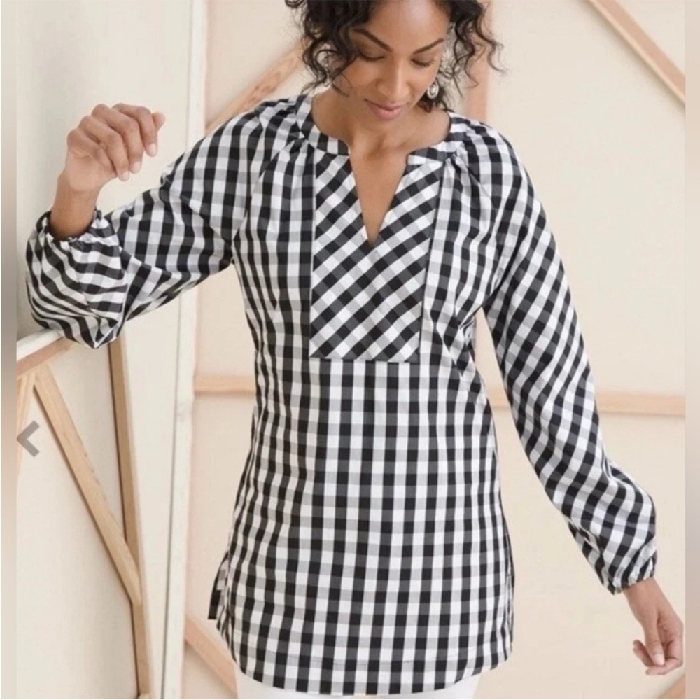 Chico’s Gingham Poplin Tunic Top Women’s Size M Puff Sleeves Plaid Black & White